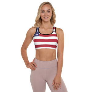 us colors all over print padded sports bra black front