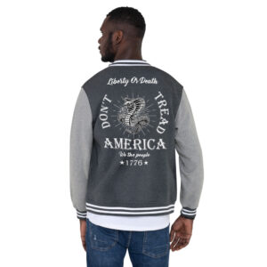 liberty or death, dont tread mens-letterman-jacket-graphite-heather-vintage-heather-back