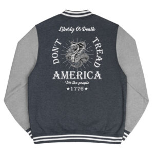 liberty or death, dont tread mens-letterman-jacket-graphite-heather-vintage-heather-back